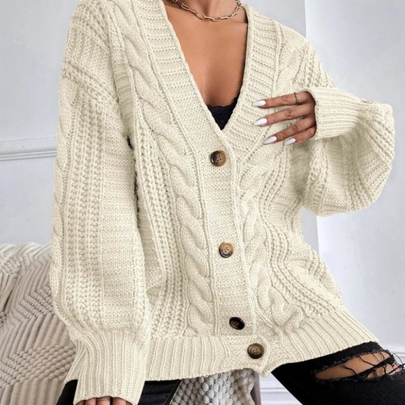Casual button down Beige Cable Knit Sweater Cardigan - Picture 2 of 4